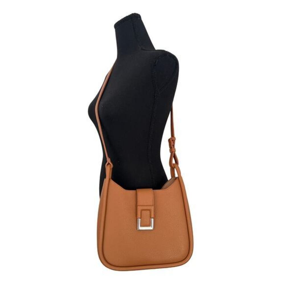 Myztique Vegan Leather Shoulder Bag Cognac Brown Minimal Crossbody Saddle Bag